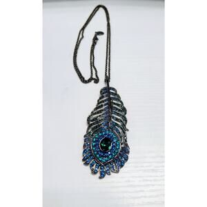 Kenneth Jay Lane Stunning Peacock Feather Necklace 30" Black Chain Pendant 4"
